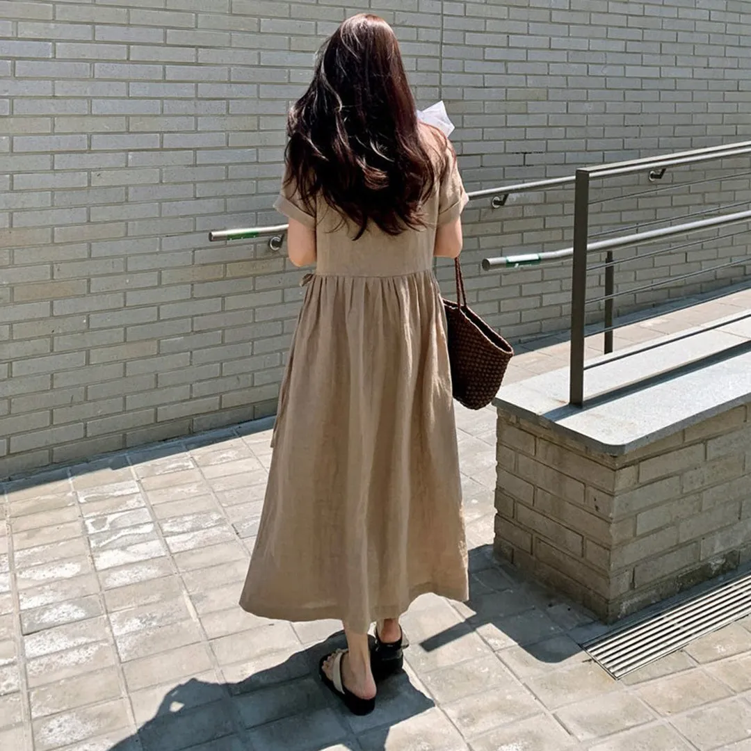 Revere Neck Linen Loose Fit Dress