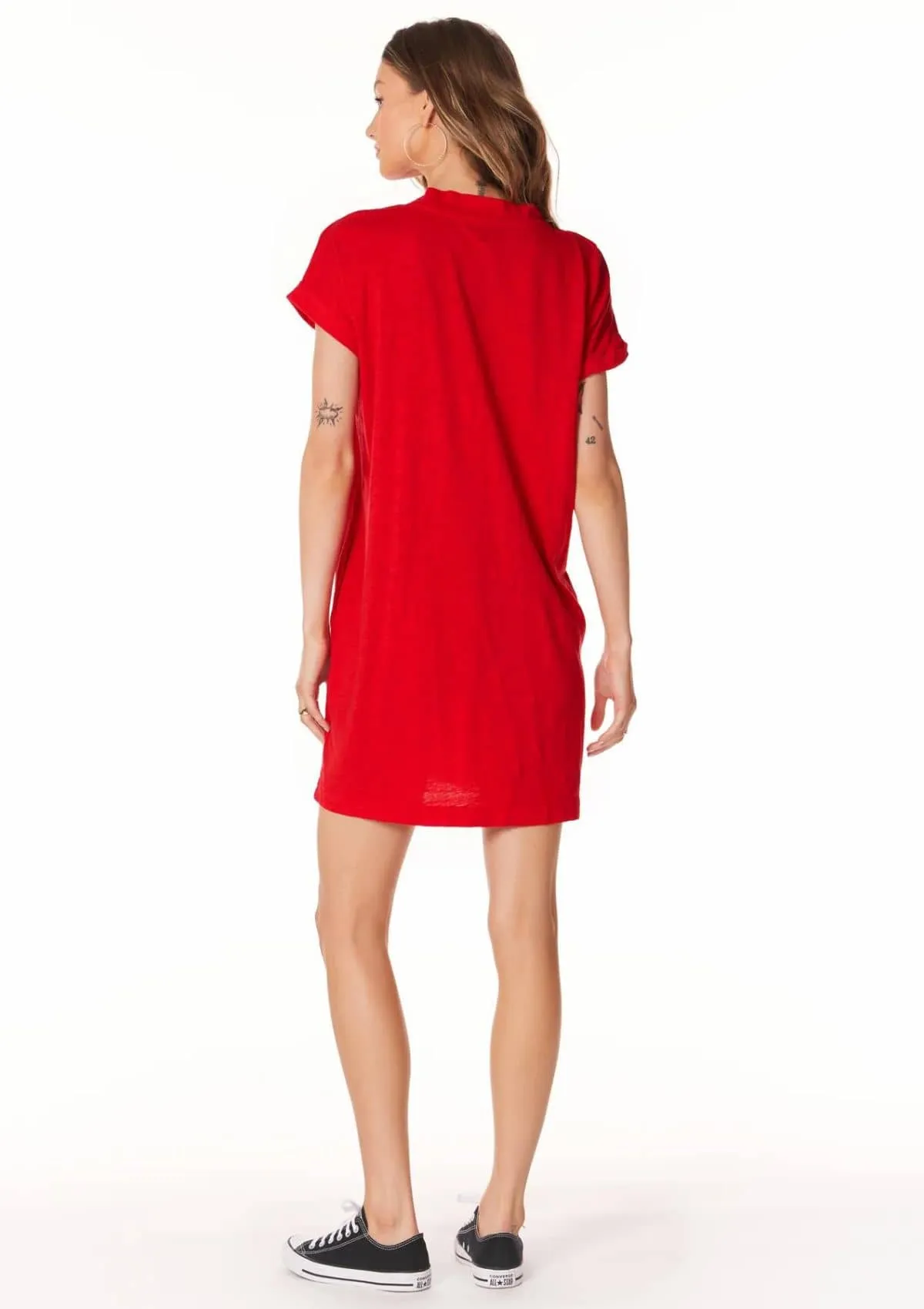 Roll Sleeve V-Neck Pocket Dress - Red Hot