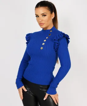 Royal Blue Knitted Frill Sleeve Gold Button Jumper Top