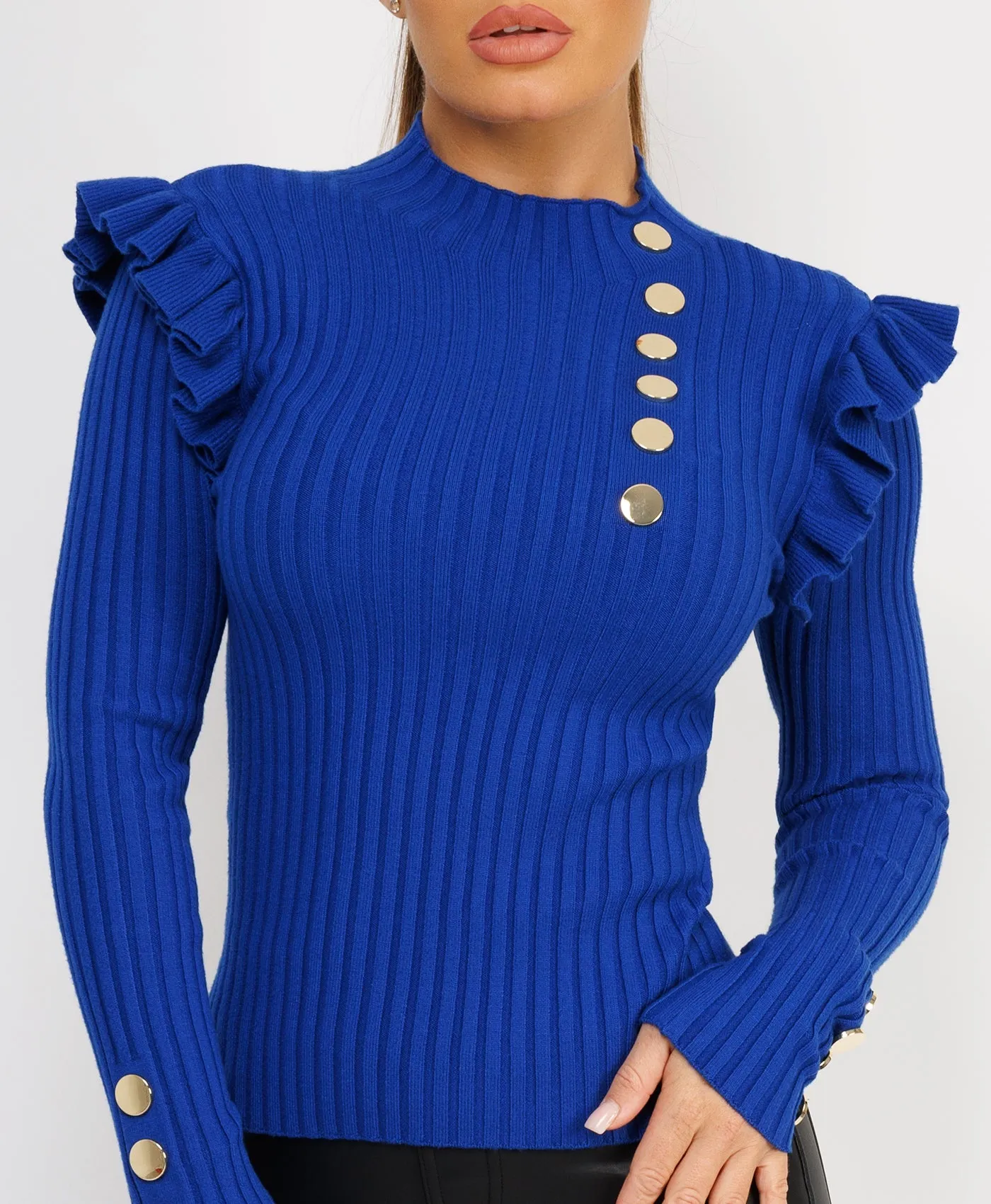 Royal Blue Knitted Frill Sleeve Gold Button Jumper Top