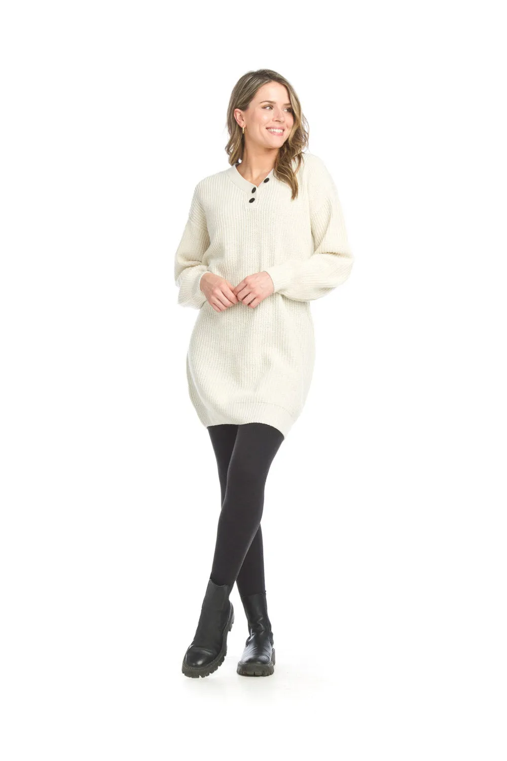 SD15408 CREAM Knit Henley Wool Blend Sweater Dress