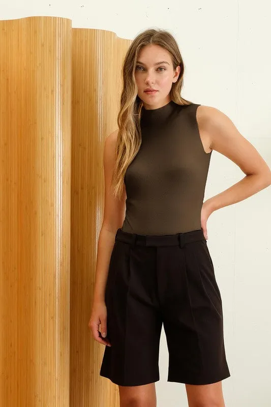 Seamless Mock Neck Sweater Knit Sleeveless Bodysuit