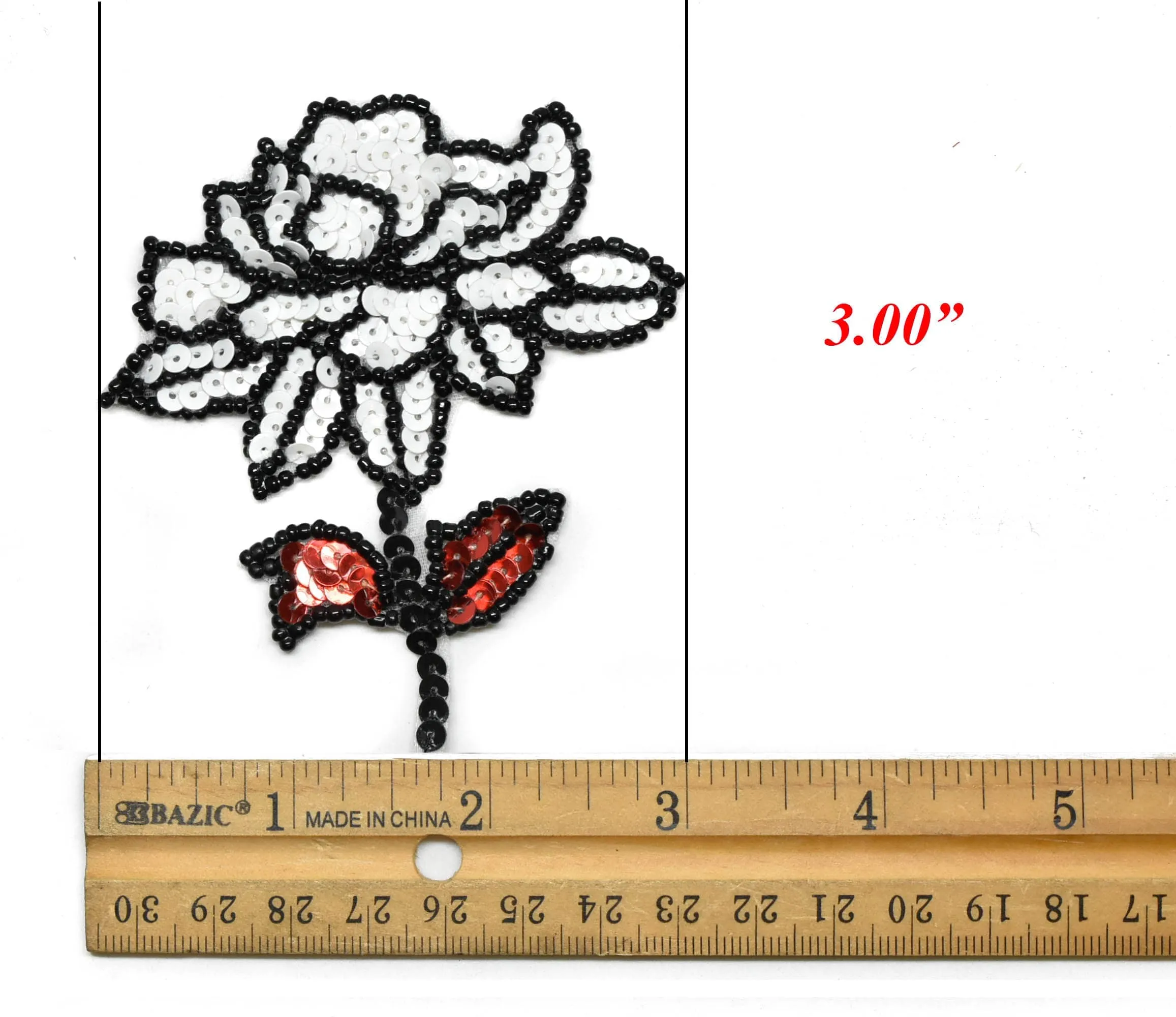 Sequins Iron-on Flower Applique with Black Beads 3" x 3.50"- 1 Piece