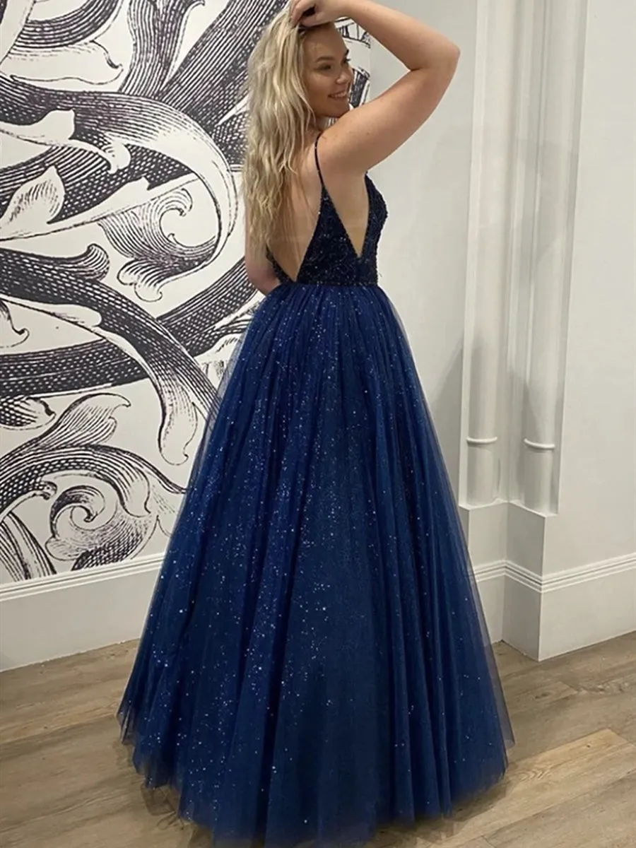 Shiny V Neck Backless Navy Blue Long Prom, Navy Blue Formal, Evening