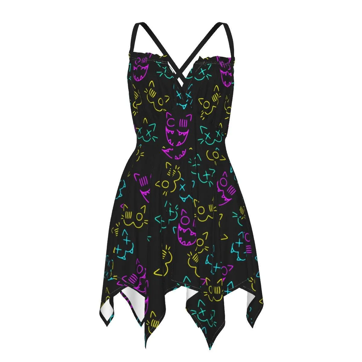 Skull Cat Neon Pattern All-Over Print Women's Slip Dress