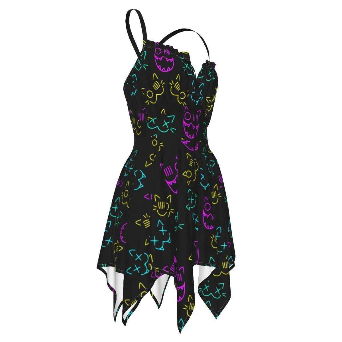 Skull Cat Neon Pattern All-Over Print Women's Slip Dress