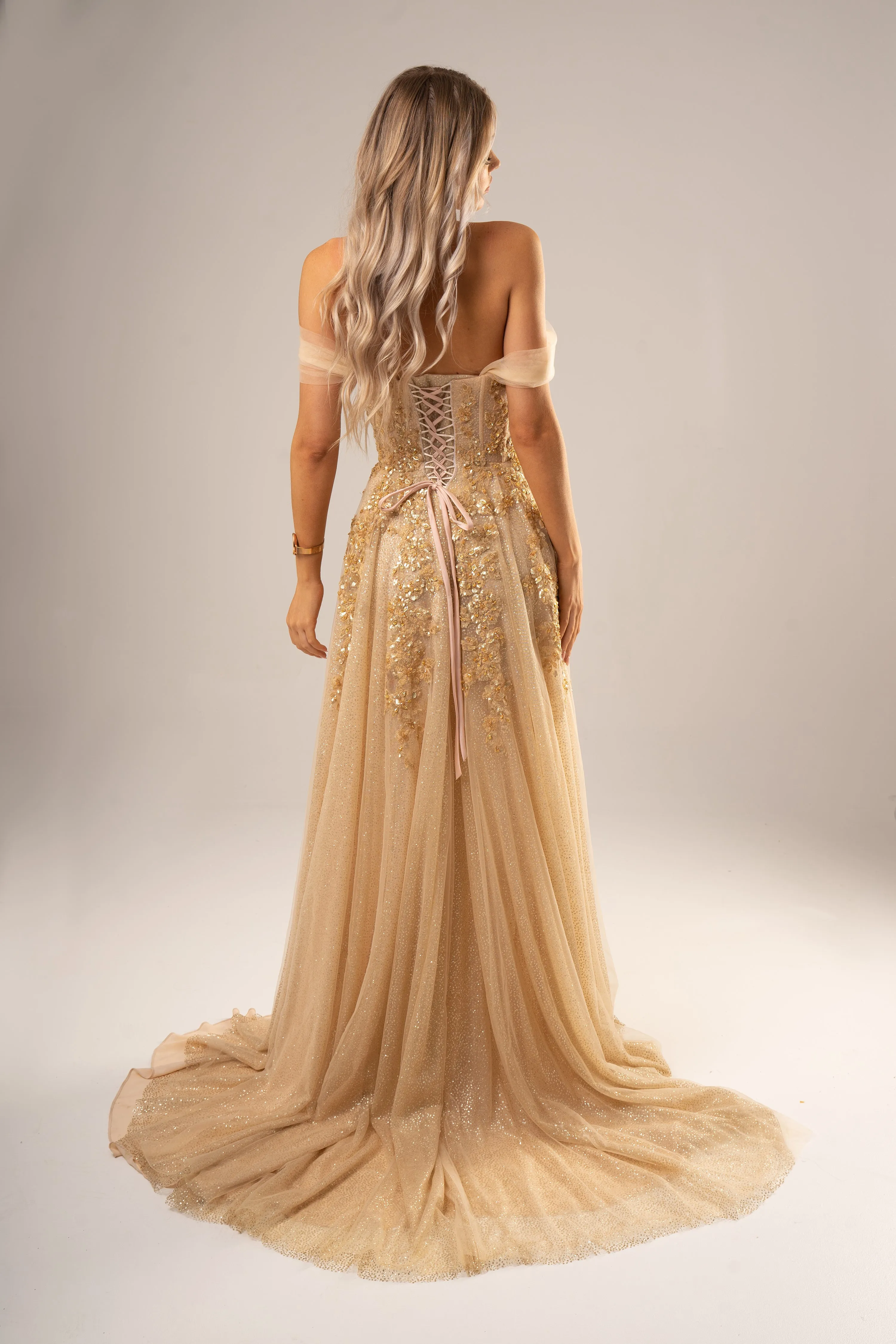 Sparkling gold bustier dress for hire