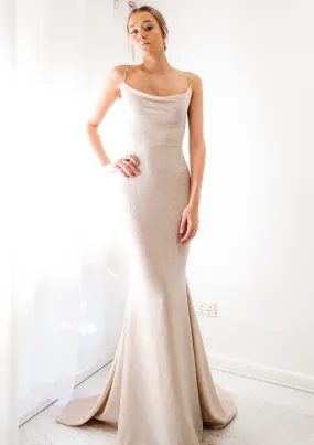 Sparkling gold nude cowl neck mermaid dress