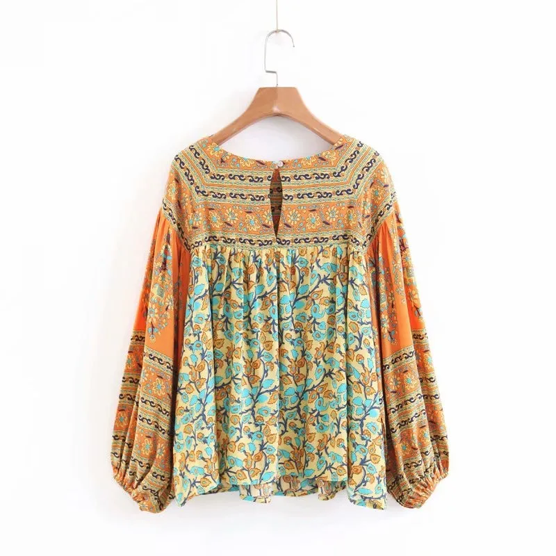 Square Neck Peasant Top With Lantern Sleeves Floral Bohemian Print Blouse Boho Shirt Orange Turquoise Available In Sizes Small Medium Or Large