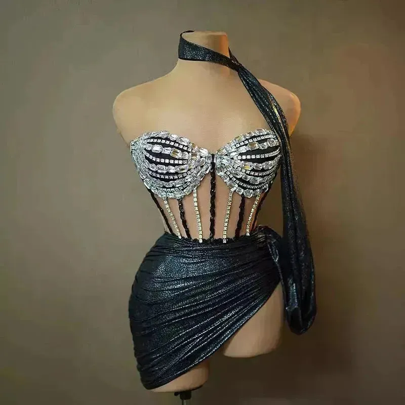 Strapless Tassle  Corset dress Women's Tube Top Rhinestone Chain Skirt Outfit for Evening party Cocktail event