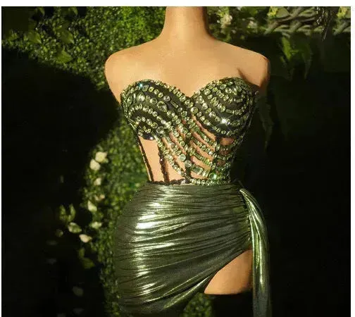 Strapless Tassle  Corset dress Women's Tube Top Rhinestone Chain Skirt Outfit for Evening party Cocktail event