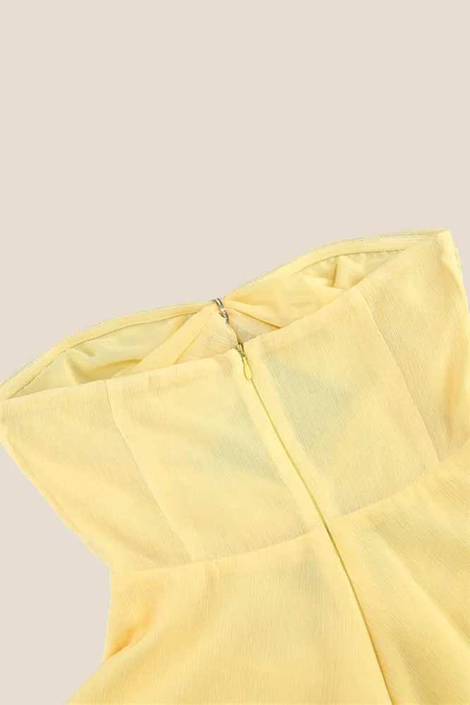 Strapless Yellow Cut-out Ruched A-line Short Dress