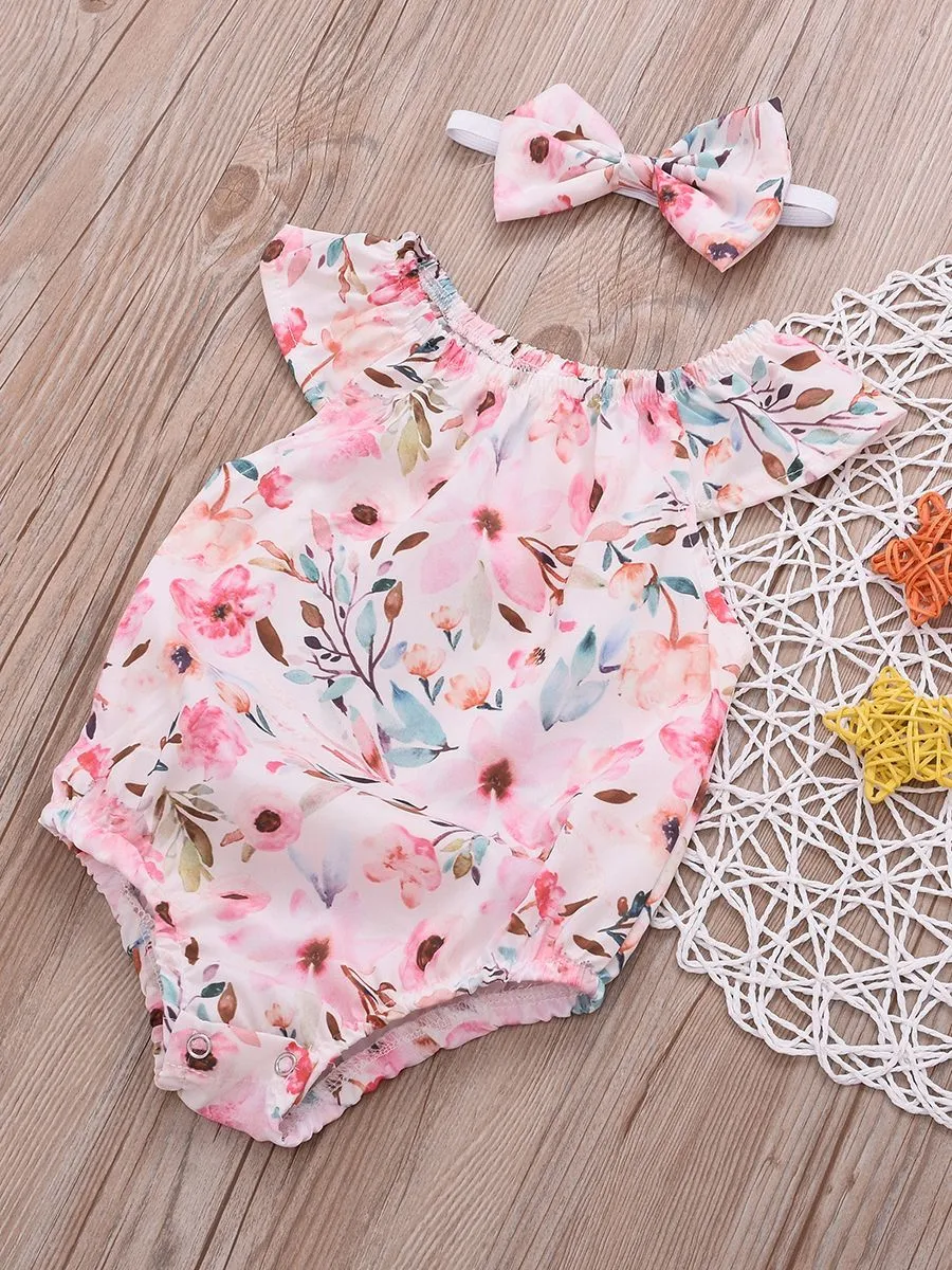 Summer Infant Girl Onesies Short-sleeved Flower Bodysuit with Headband