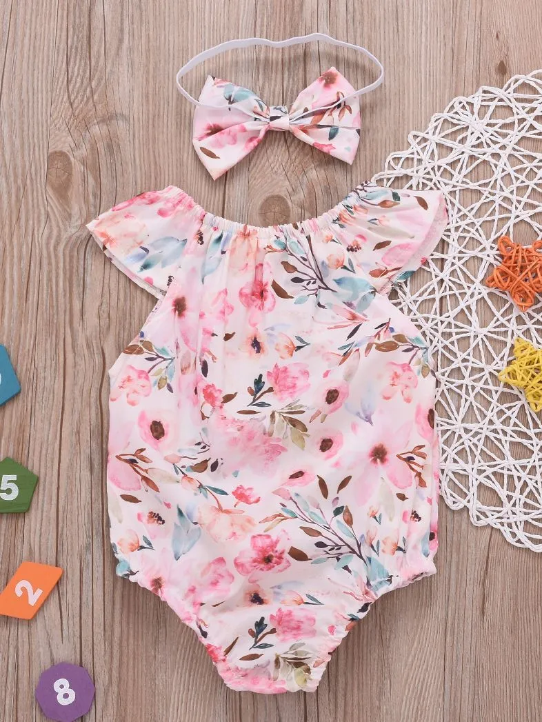 Summer Infant Girl Onesies Short-sleeved Flower Bodysuit with Headband