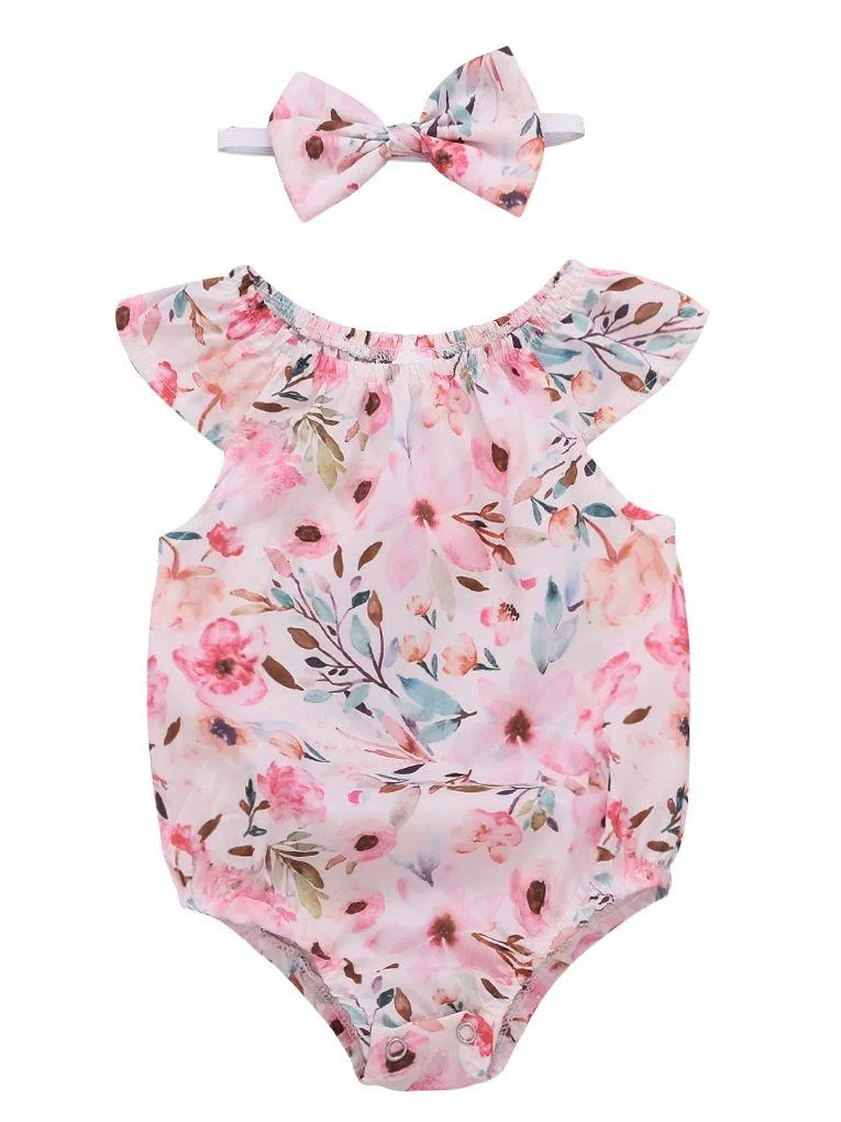 Summer Infant Girl Onesies Short-sleeved Flower Bodysuit with Headband