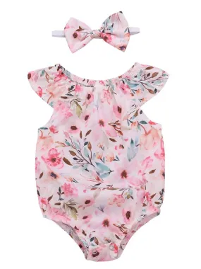 Summer Infant Girl Onesies Short-sleeved Flower Bodysuit with Headband