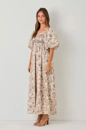 The Erlyn Bubble Sleeve Maxi Dress in Brown Multi-Sale