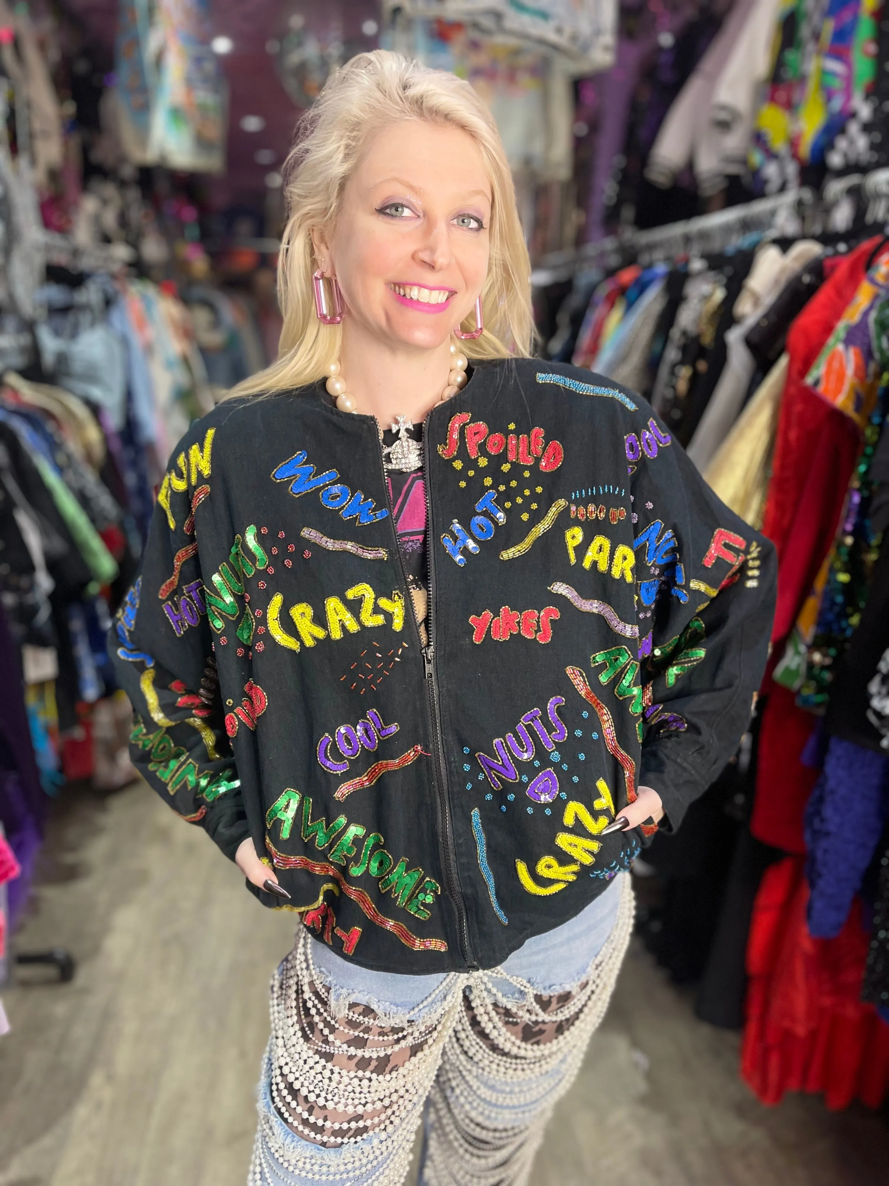 Vintage 90s Sequin Words Bomber Denim Jacket