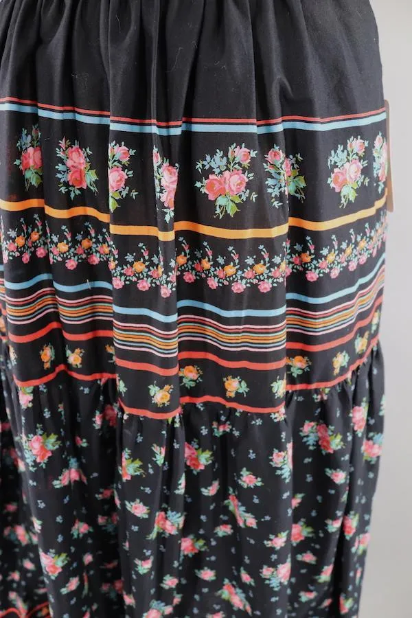 Vintage Hippie Black Floral Print Maxi Skirt Scarf Set