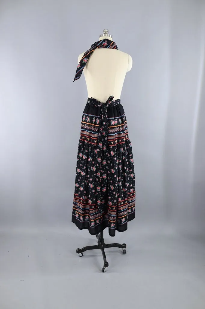 Vintage Hippie Black Floral Print Maxi Skirt Scarf Set