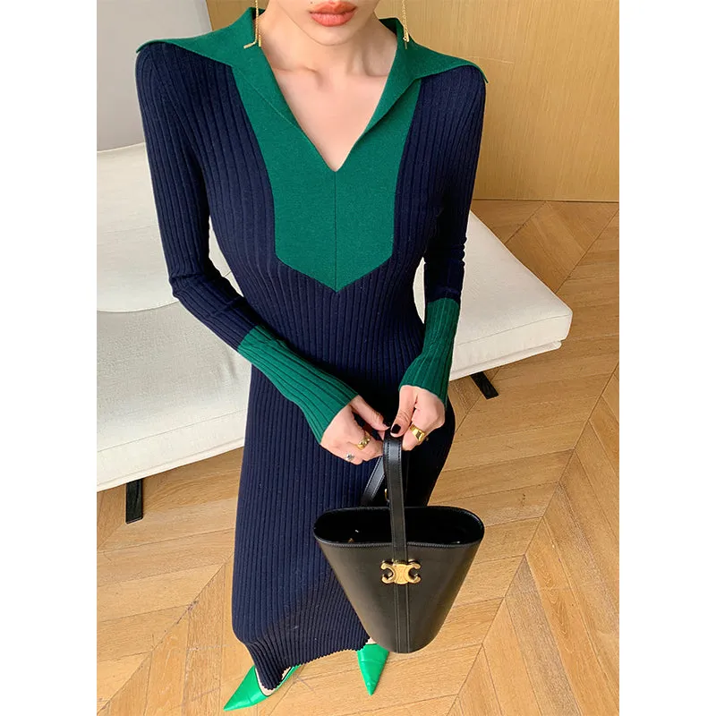 WANXO black sweater dress new design sense of contrast color slim fit mid-length bottoming knitted dress- Eliza