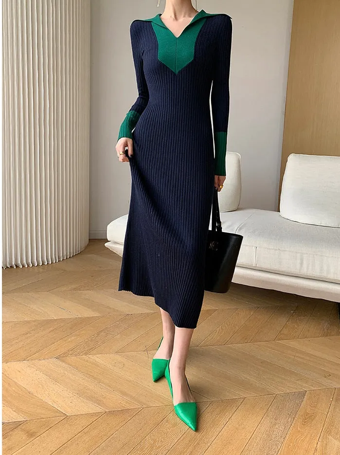 WANXO black sweater dress new design sense of contrast color slim fit mid-length bottoming knitted dress- Eliza