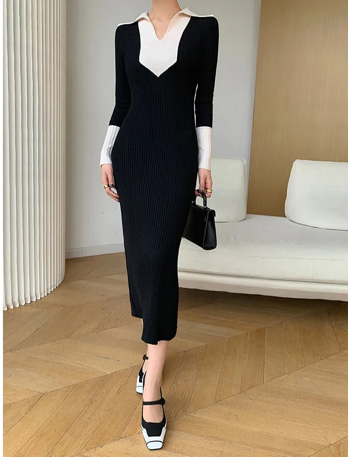 WANXO black sweater dress new design sense of contrast color slim fit mid-length bottoming knitted dress- Eliza