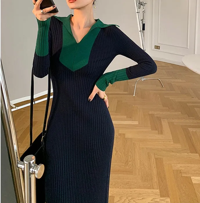 WANXO black sweater dress new design sense of contrast color slim fit mid-length bottoming knitted dress- Eliza