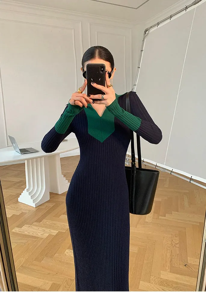 WANXO black sweater dress new design sense of contrast color slim fit mid-length bottoming knitted dress- Eliza