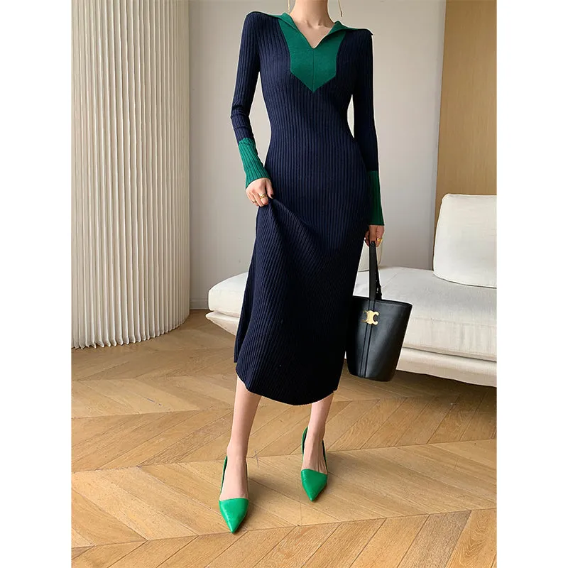 WANXO black sweater dress new design sense of contrast color slim fit mid-length bottoming knitted dress- Eliza