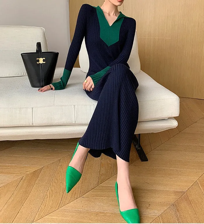 WANXO black sweater dress new design sense of contrast color slim fit mid-length bottoming knitted dress- Eliza