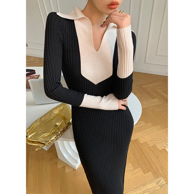 WANXO black sweater dress new design sense of contrast color slim fit mid-length bottoming knitted dress- Eliza