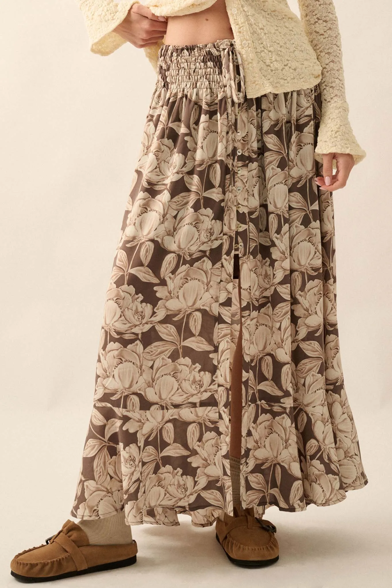 Whispering Blooms Floral Button-Front Maxi Skirt