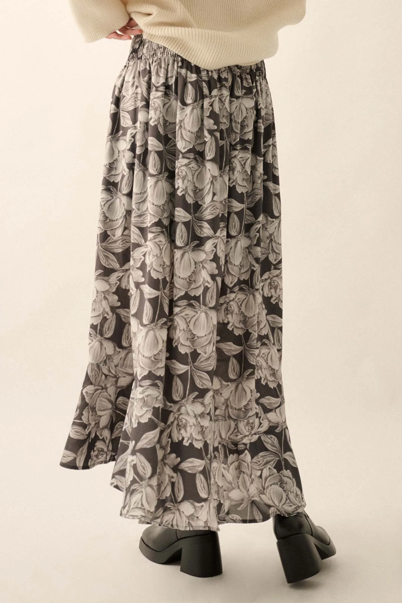 Whispering Blooms Floral Button-Front Maxi Skirt