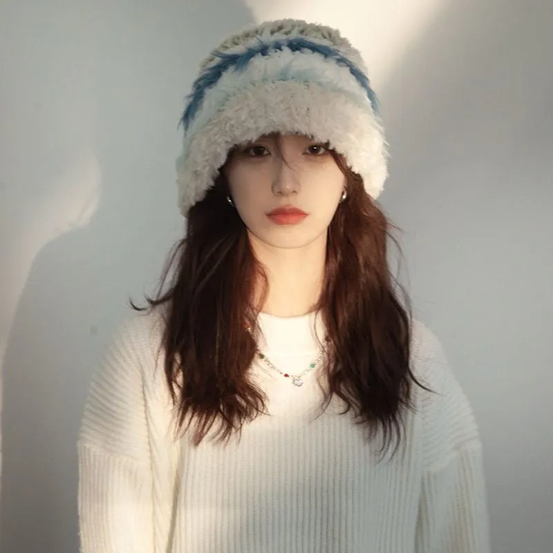 White & Blue Plush Knit Hat