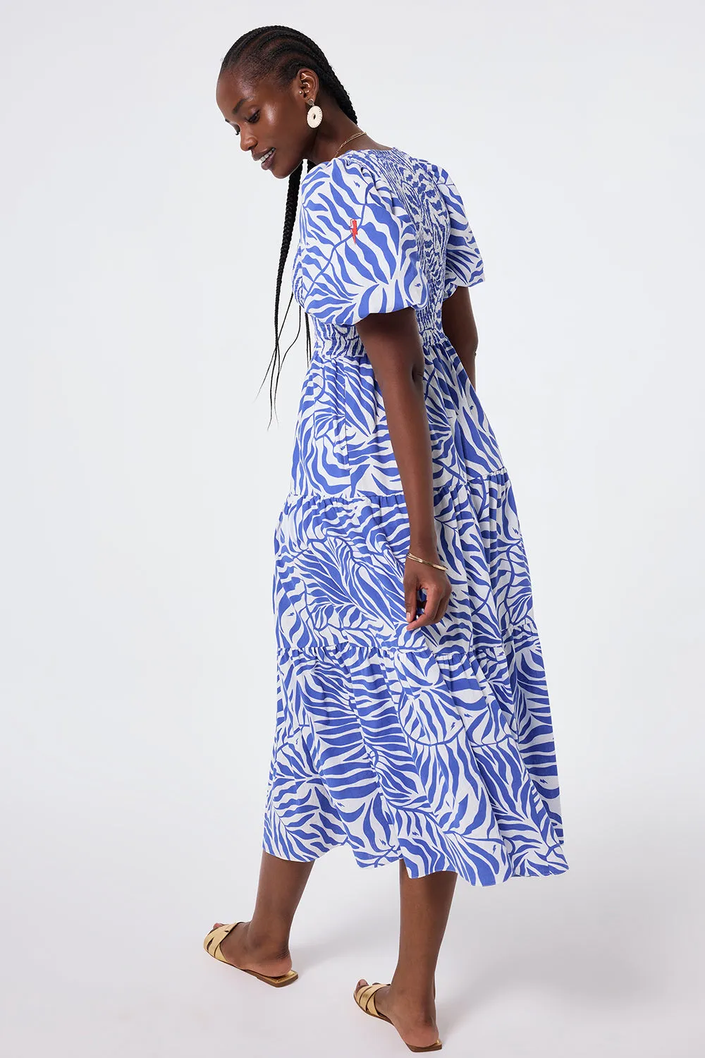 White with Blue Palm Shirred Puff Sleeve Maxi Dress