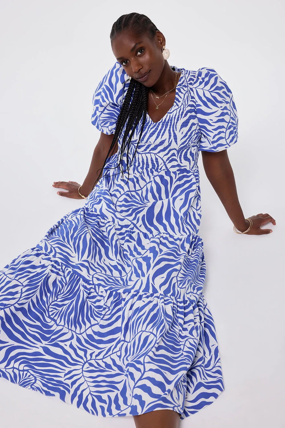 White with Blue Palm Shirred Puff Sleeve Maxi Dress