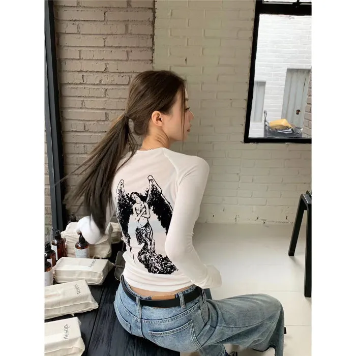 Wjczt barn jacket outfits Spring and Autumn Women's Clothing New Y2g Hot Girl Sexy American Retro Style Mesh Angel Printed Long-Sleeved T-shirt Top