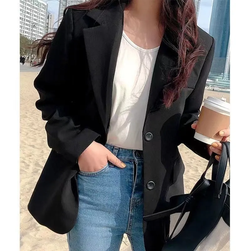 Wjczt fall outfits women Suit Jacket for Women 2024 Spring and Autumn New Korean Style Loose Slimming Student Mid-Length Jacket Casual Small Suit for Women