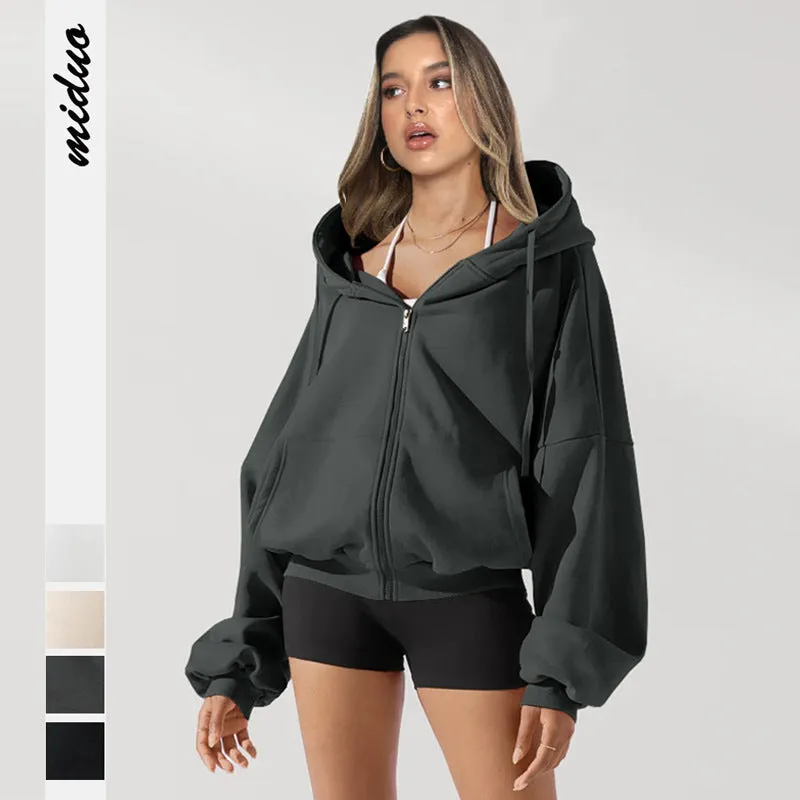 Wjczt main character mode Hot Mining Hooded Sweater Women's Autumn and Winter Women's Fashion Brand Long-Sleeved Cardigan Casual Solid Color Sports Jacket