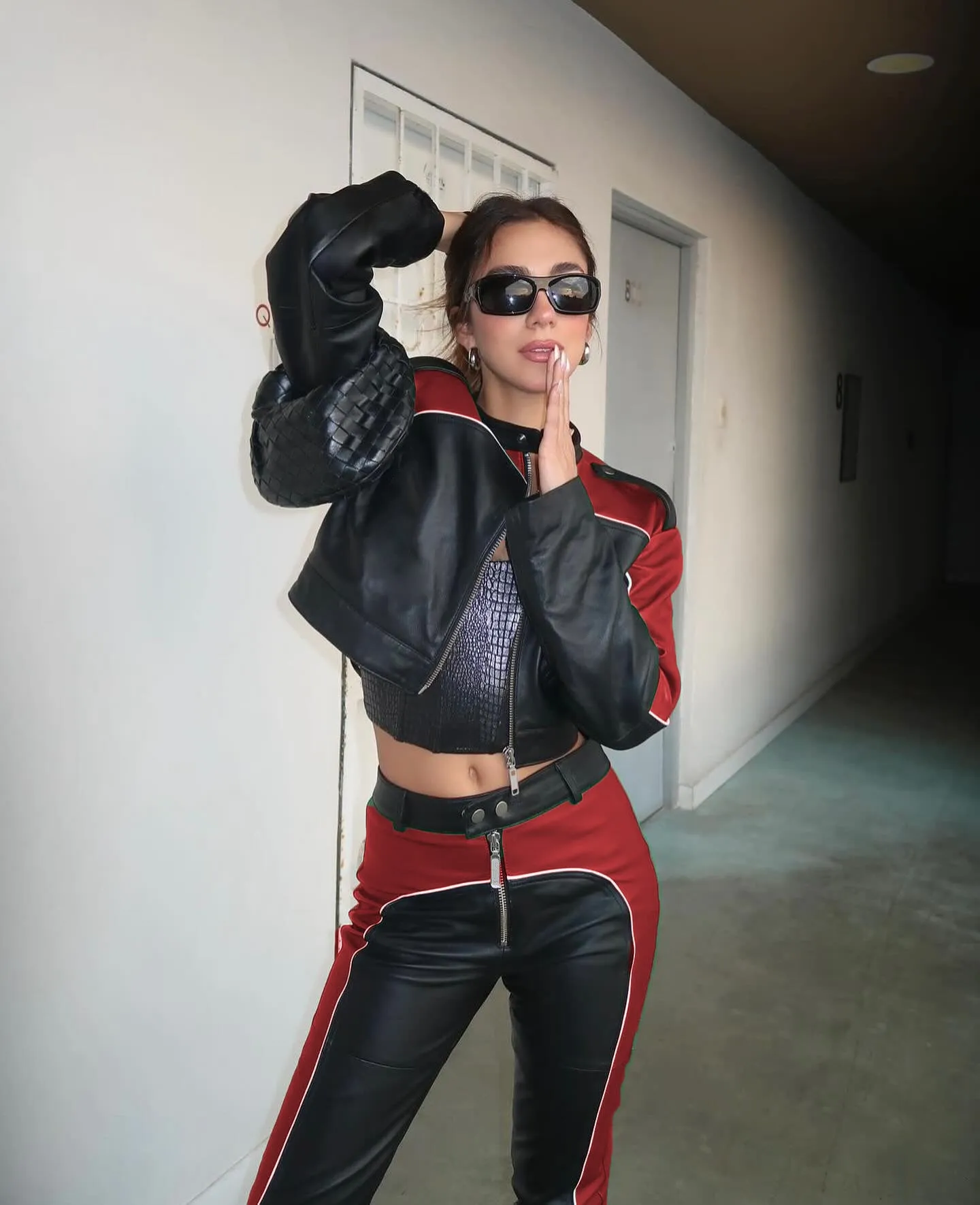 Wjczt starboy outfit PU Leather Stitching Contrast Color Basic Zipper Long Sleeve Jacket High Waist Slim Trousers Trendy Motorcycle Suit Women