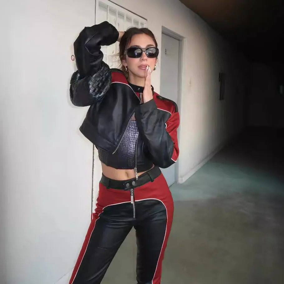 Wjczt starboy outfit PU Leather Stitching Contrast Color Basic Zipper Long Sleeve Jacket High Waist Slim Trousers Trendy Motorcycle Suit Women