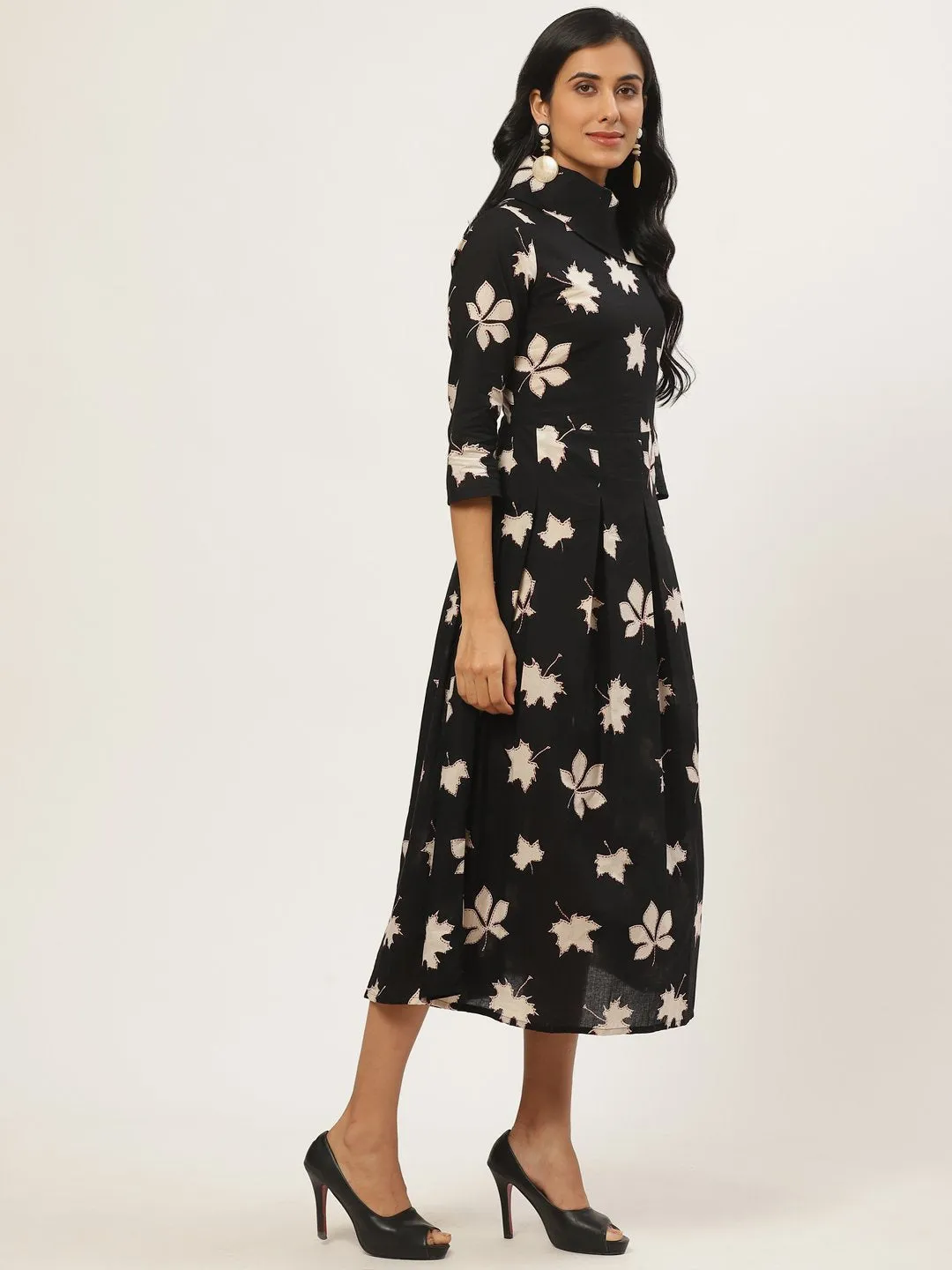 Women Black Floral Printed Shirt Collar Cotton Fit And Flare Dress