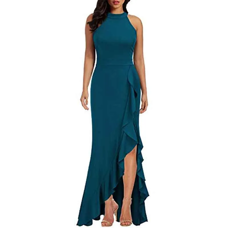 Women High Neck Split Bodycon Mermaid Evening Cocktail Maxi Dress