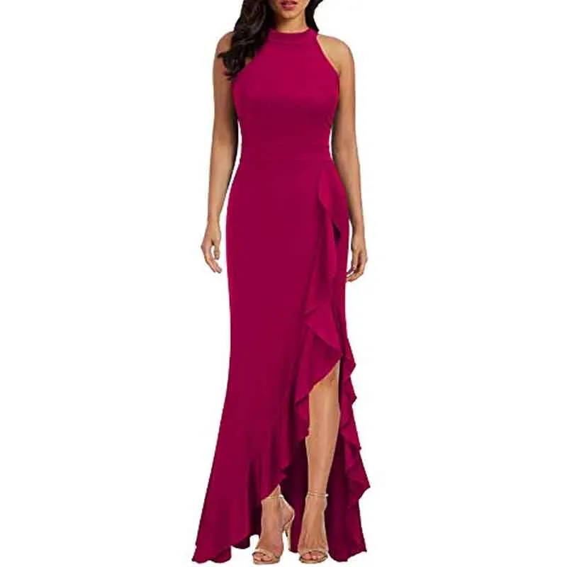 Women High Neck Split Bodycon Mermaid Evening Cocktail Maxi Dress