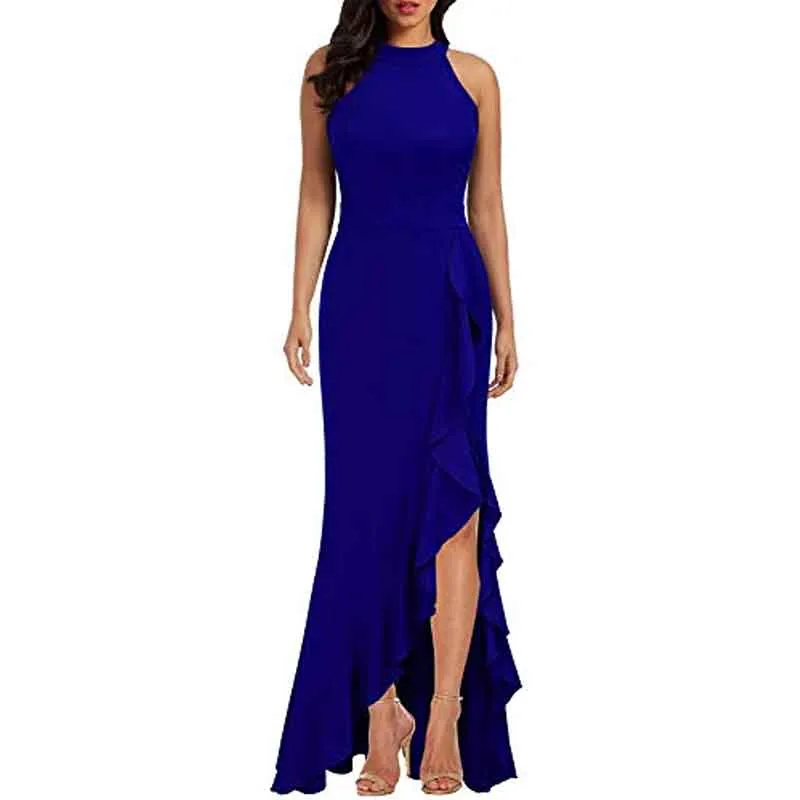 Women High Neck Split Bodycon Mermaid Evening Cocktail Maxi Dress