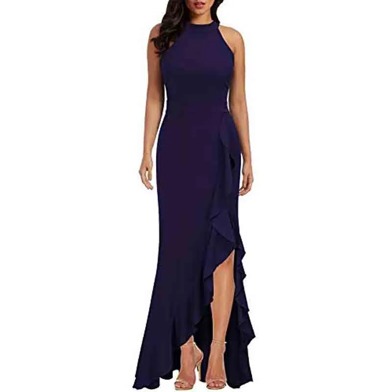 Women High Neck Split Bodycon Mermaid Evening Cocktail Maxi Dress