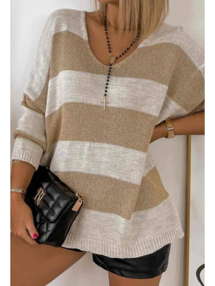 Women's Beige Block Color Knit Sweater