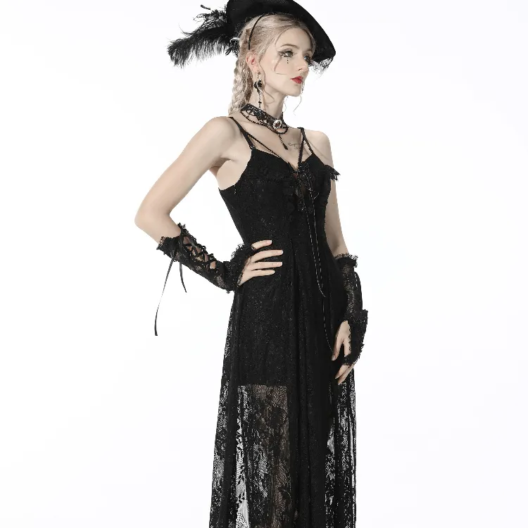 Women's Gothic Strappy Lace Black Slip Dress