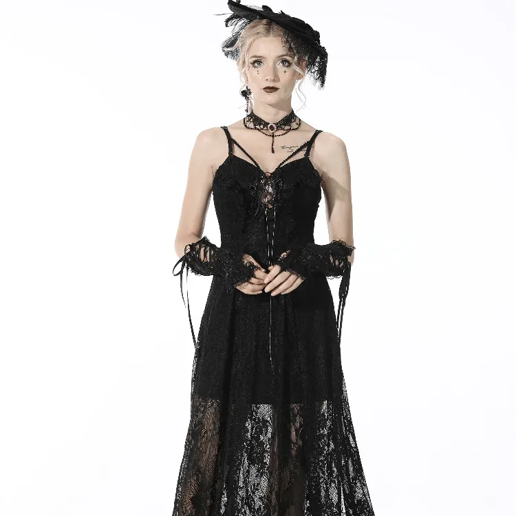 Women's Gothic Strappy Lace Black Slip Dress